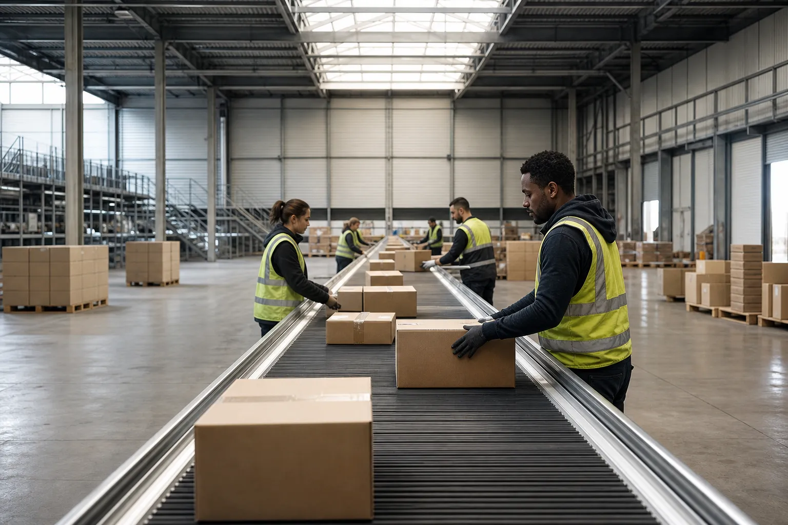 Agents en entrepôt sur une chaîne de tri, manipulant des colis sur un tapis roulant dans un grand espace logistique. salaire d'un logistique et transport.