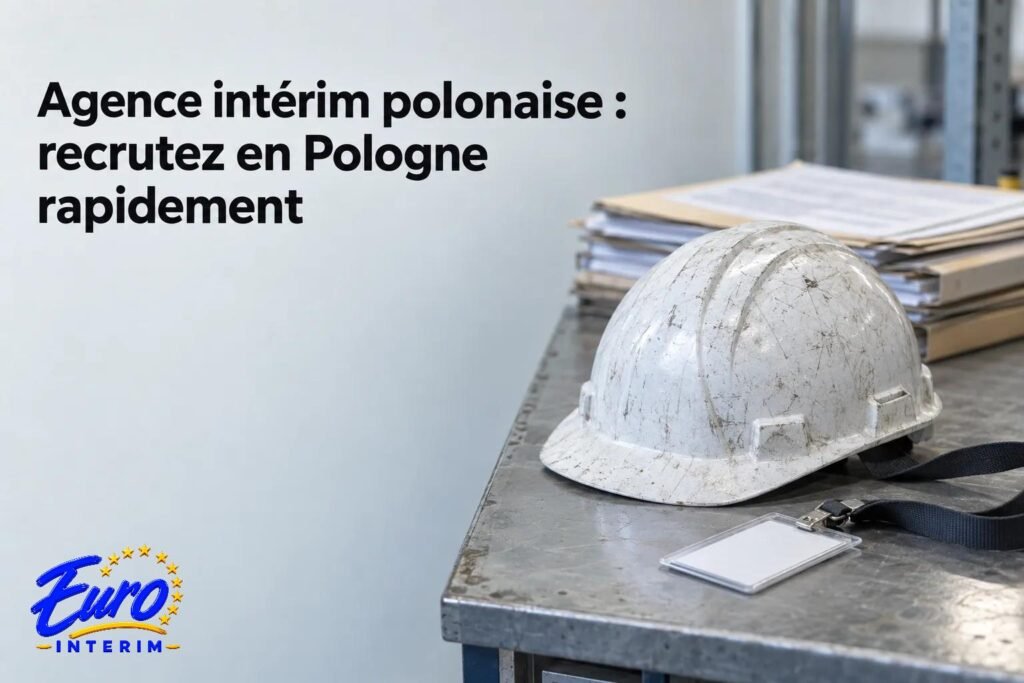 Casque de sécurité posé sur une table de chantier avec piles de dossiers, logo Euro Interim, texte « Agence intérim polonaise : recrutez en Pologne rapidement »