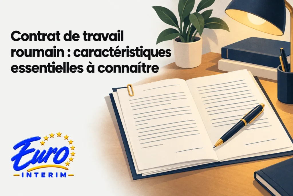 Contrat de travail roumain caractéristiques essentielles à connaître, livre ouvert et stylo sur bureau professionnel.