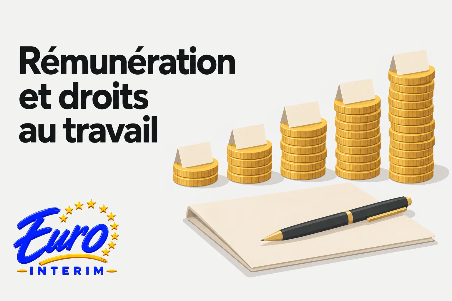 Contrat de travail roumain caractéristiques : représentation d’étapes de rémunération, avec piles de pièces en euro et carnet avec stylo, image traitant des droits au travail et rémunération.