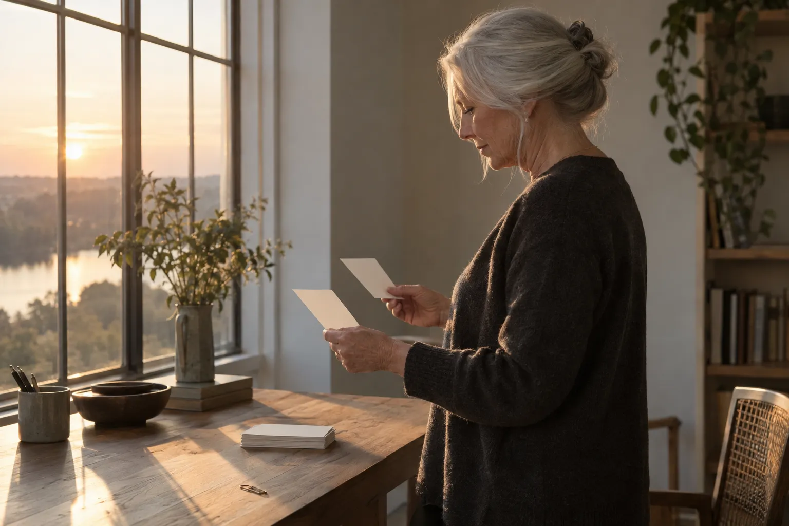 Une femme âgée, debout près d'une grande fenêtre au coucher du soleil, tient deux cartes rectangulaires dans les mains dans un intérieur chaleureux.