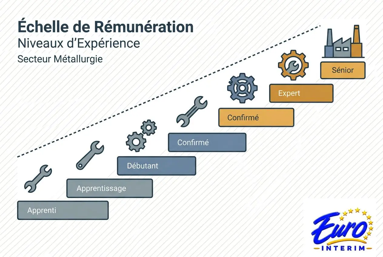 Graphique illustré de progression salariale par niveaux d'expérience dans la métallurgie, avec des barres ascendantes et des icônes d'outils et d'usine.