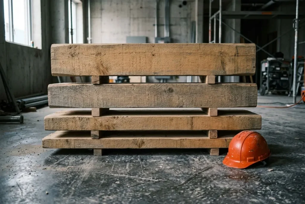 Grille de qualification des ouvriers du BTP : palette en bois empilée et casque orange sur le sol de chantier.
