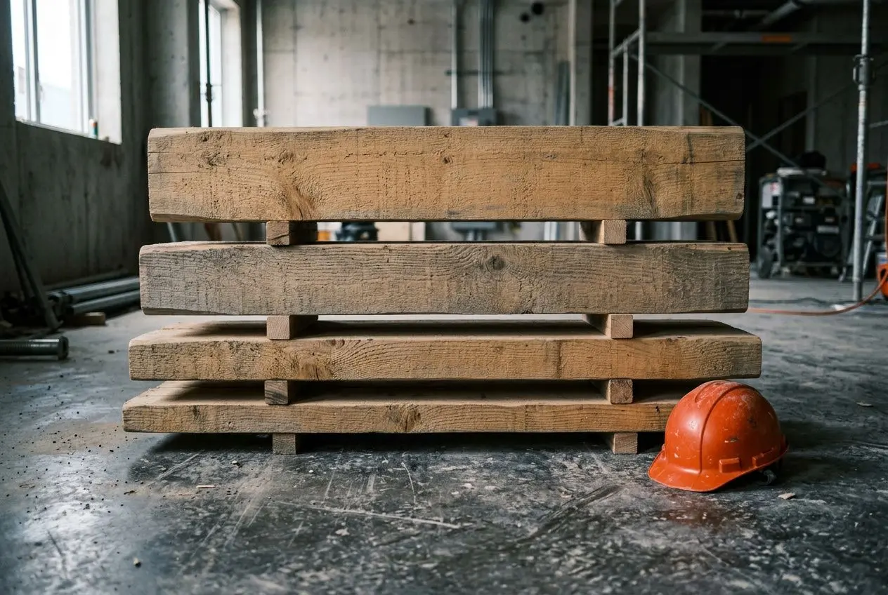 Grille de qualification des ouvriers du BTP : palette en bois empilée et casque orange sur le sol de chantier.