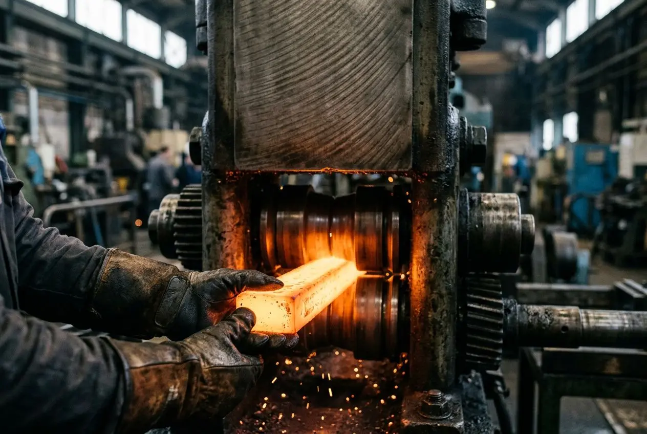 Gros plan sur les mains gantées d'un ouvrier guidant une pièce de métal incandescente dans une usine métallurgique.