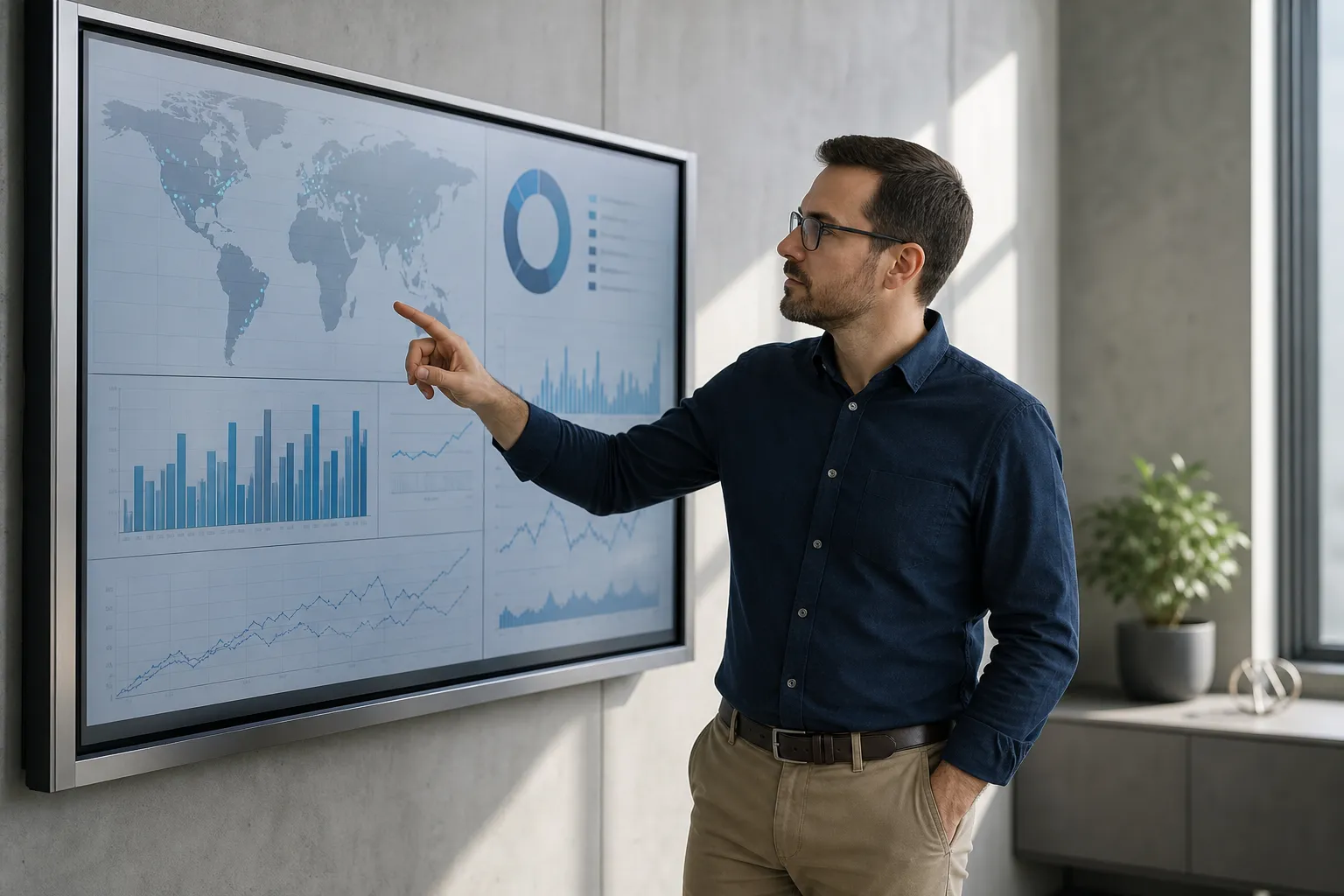 Homme en chemise sombre pointe un écran affichant des graphiques et une carte mondiale, dans un bureau moderne. Salaire d'un logistique et transport.