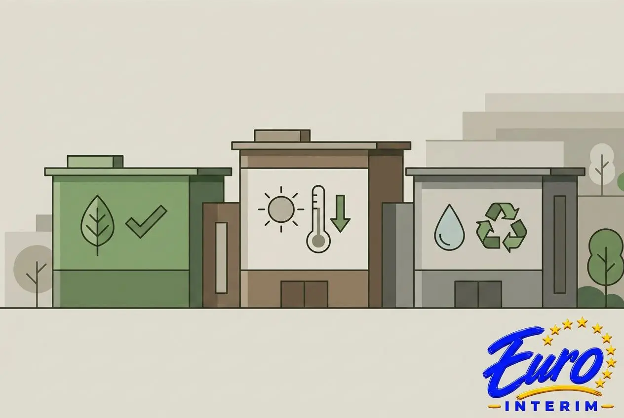 Illustration de bâtiments montrant des symboles éco-responsables et d’efficacité énergétique; logos de certification et recyclage en arrière-plan. Certifications incontournables dans le secteur du btp.