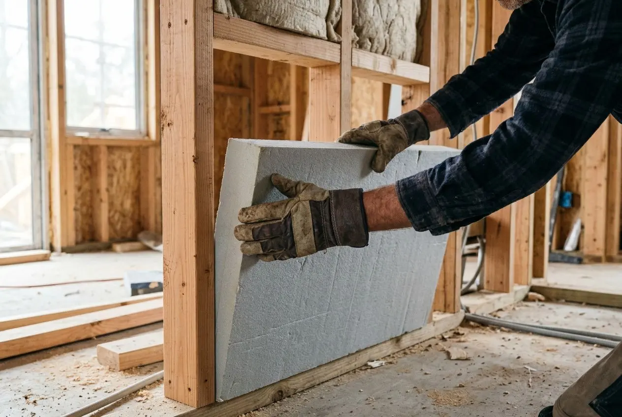 Mains portant une plaque de polystyrène dans une construction en ossature bois, chantier intérieur avec outils et bois autour. certifications incontournables dans le secteur du btp se lisent comme thème associé.