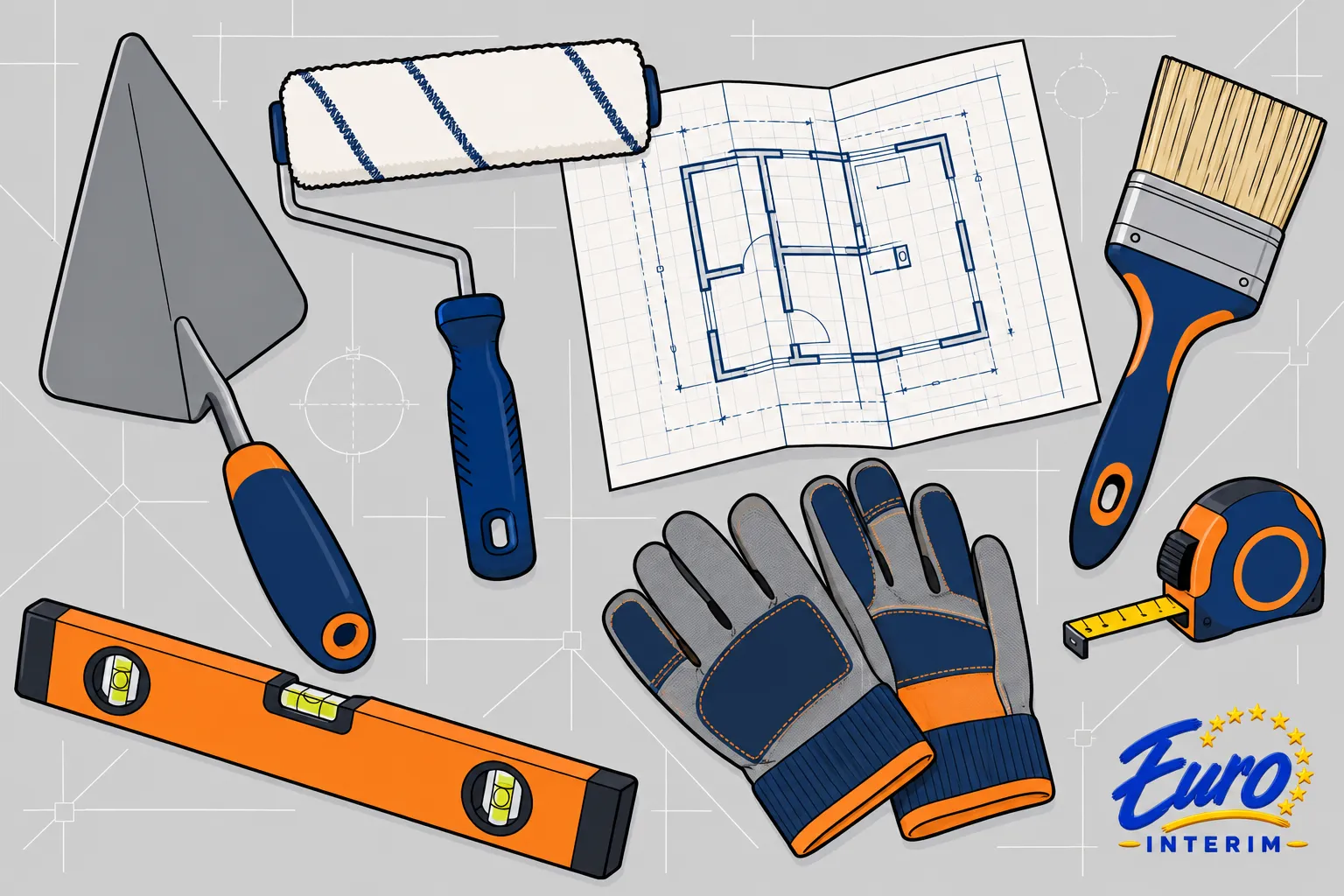 Outils de chantier et gants posés sur un plan de construction.
