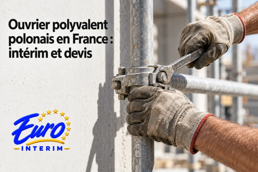 Ouvrier ajustant un système de fixation sur une structure de chantier, avec le logo Euro Interim en bas-left.