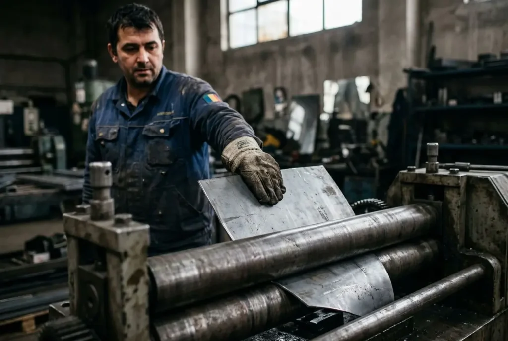 Ouvrier roumain expérience métallurgie manipulant une plaque métallique sur une machine industrielle dans l’atelier.