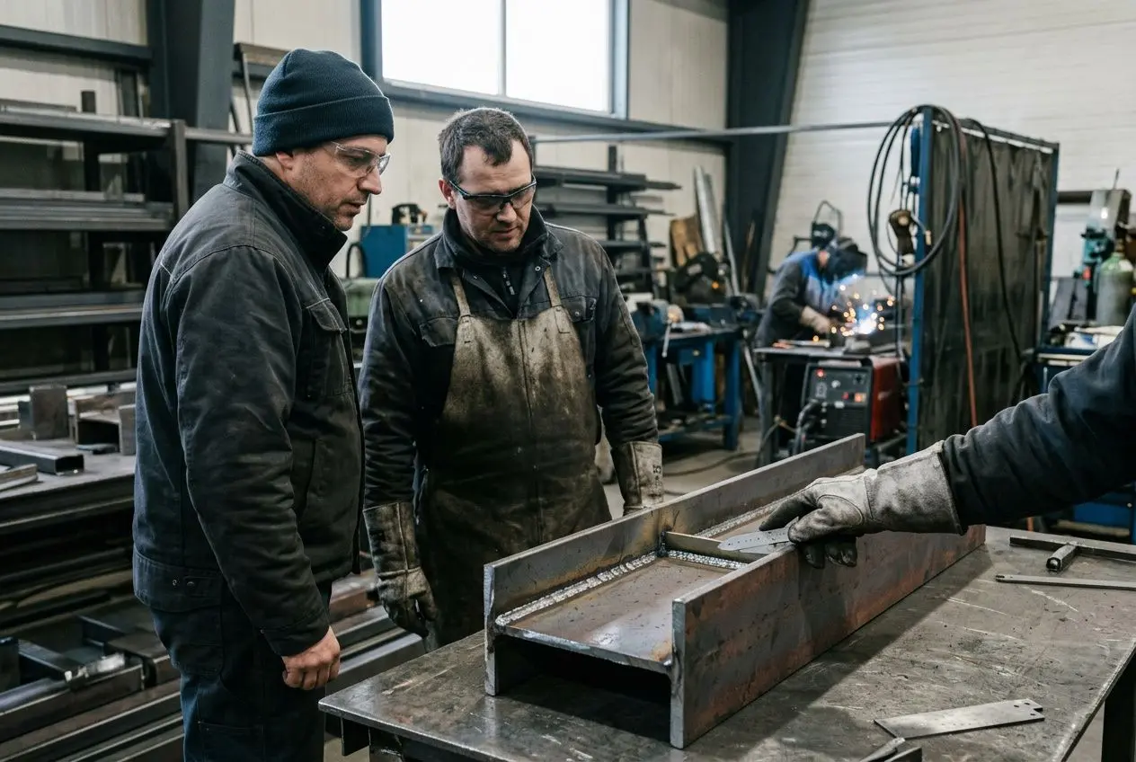 Ouvrier roumain expérience métallurgie observant une pièce en acier sur une table de travail dans l’atelier.