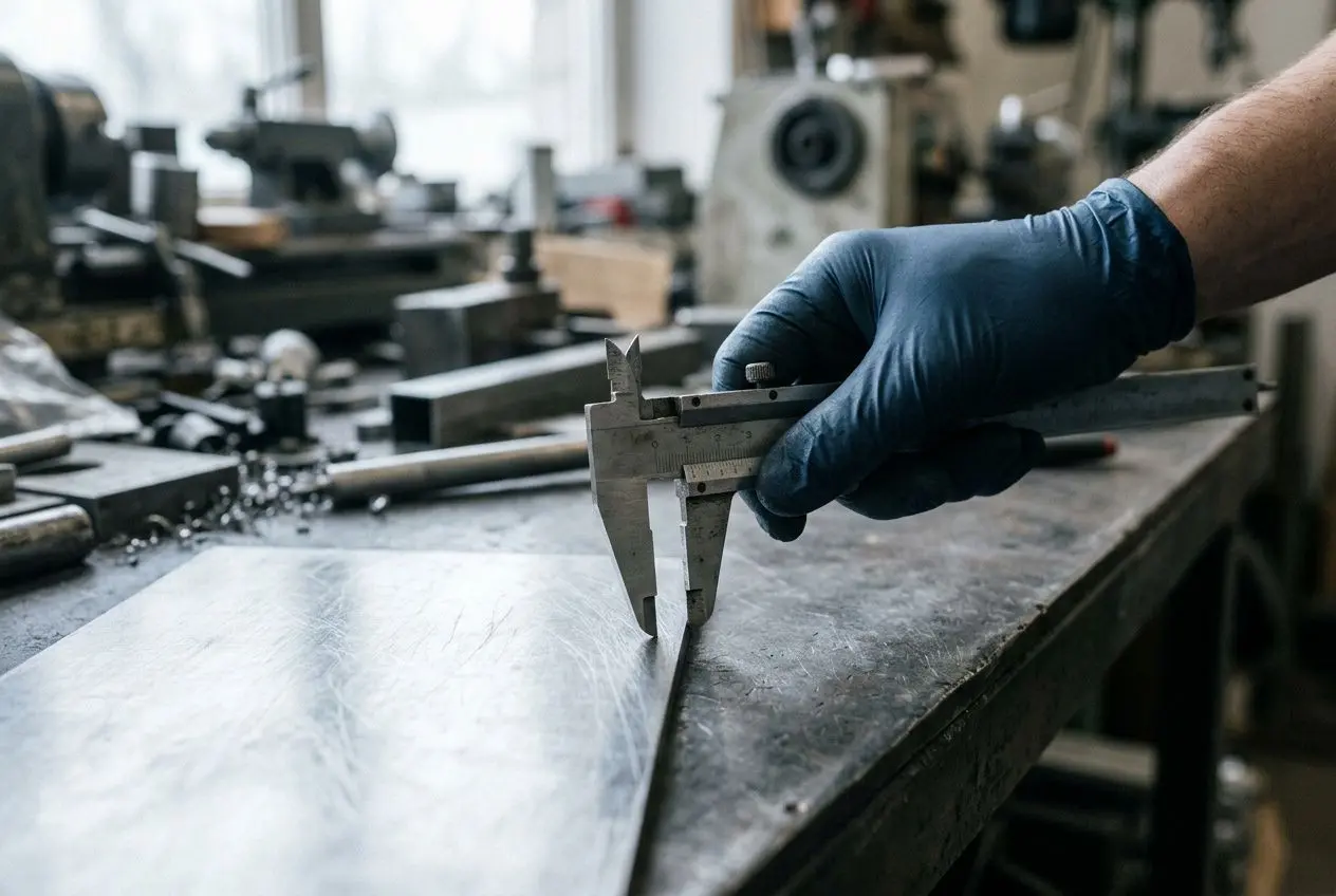 Ouvrier roumain expérience métallurgie en train de mesurer une pièce métallique avec un pied à coulisse sur une table d’atelier.