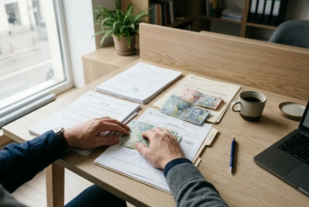 Personne comptant des billets et remettant des documents sur un bureau près d’un ordinateur, avec une plante et une tasse, ambiance de bureau. smic roumain montant intégré naturellement.
