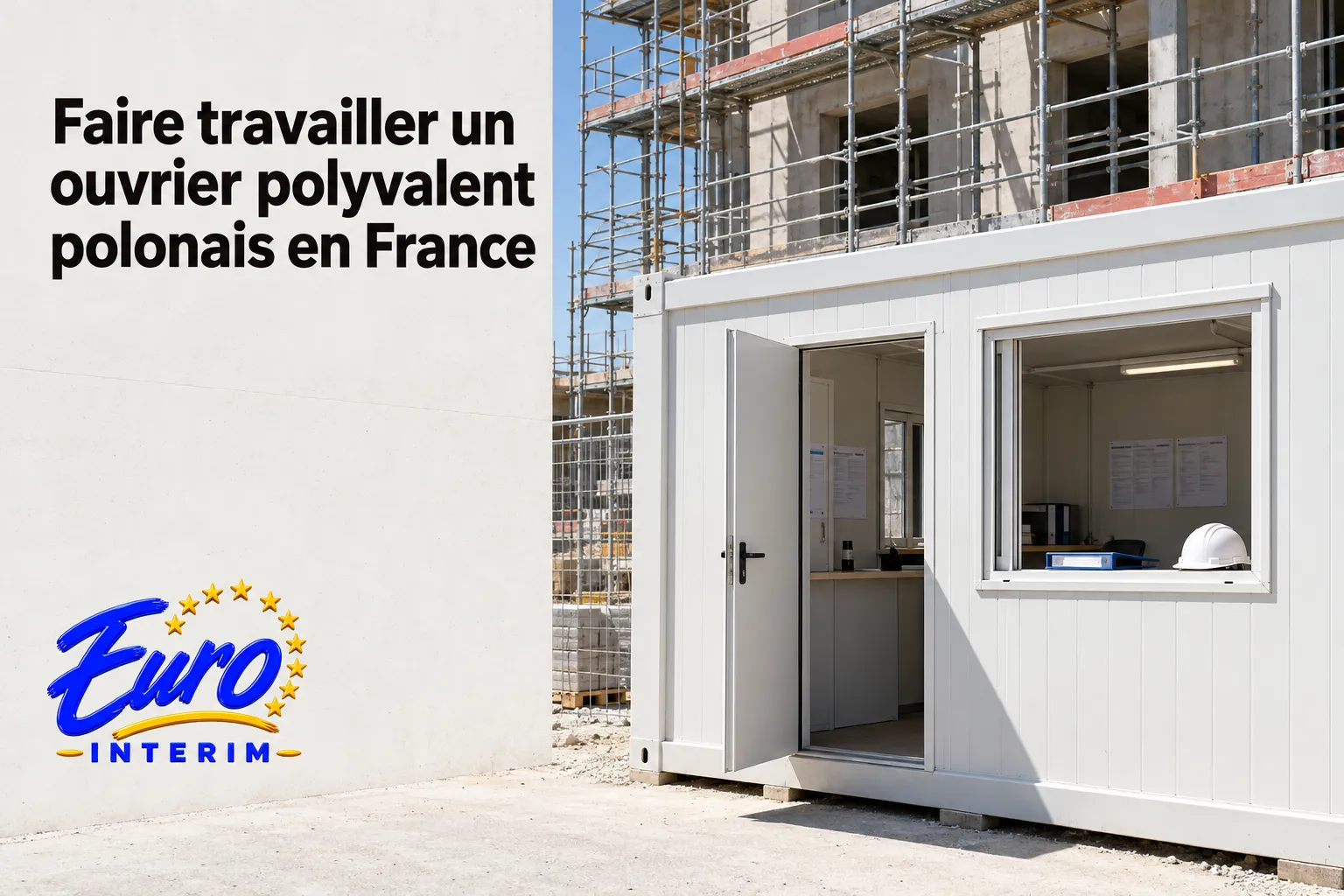 Petit bâtiment de chantier en conteneur avec porte ouverte et casque sur une table, sur fond de structure métallique et