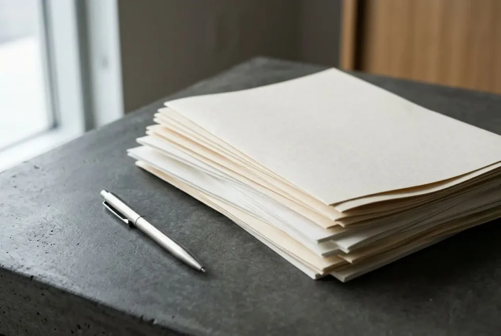 Pile de documents et stylo sur une table, prêt à examiner les certifications incontournables dans le secteur du btp.