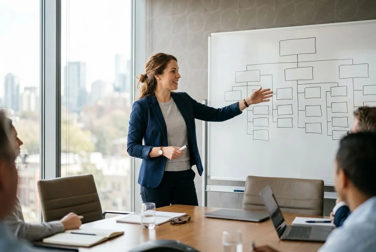 Professionnelle en réunion, pointant un organigramme sur un tableau blanc en salle de conférence.