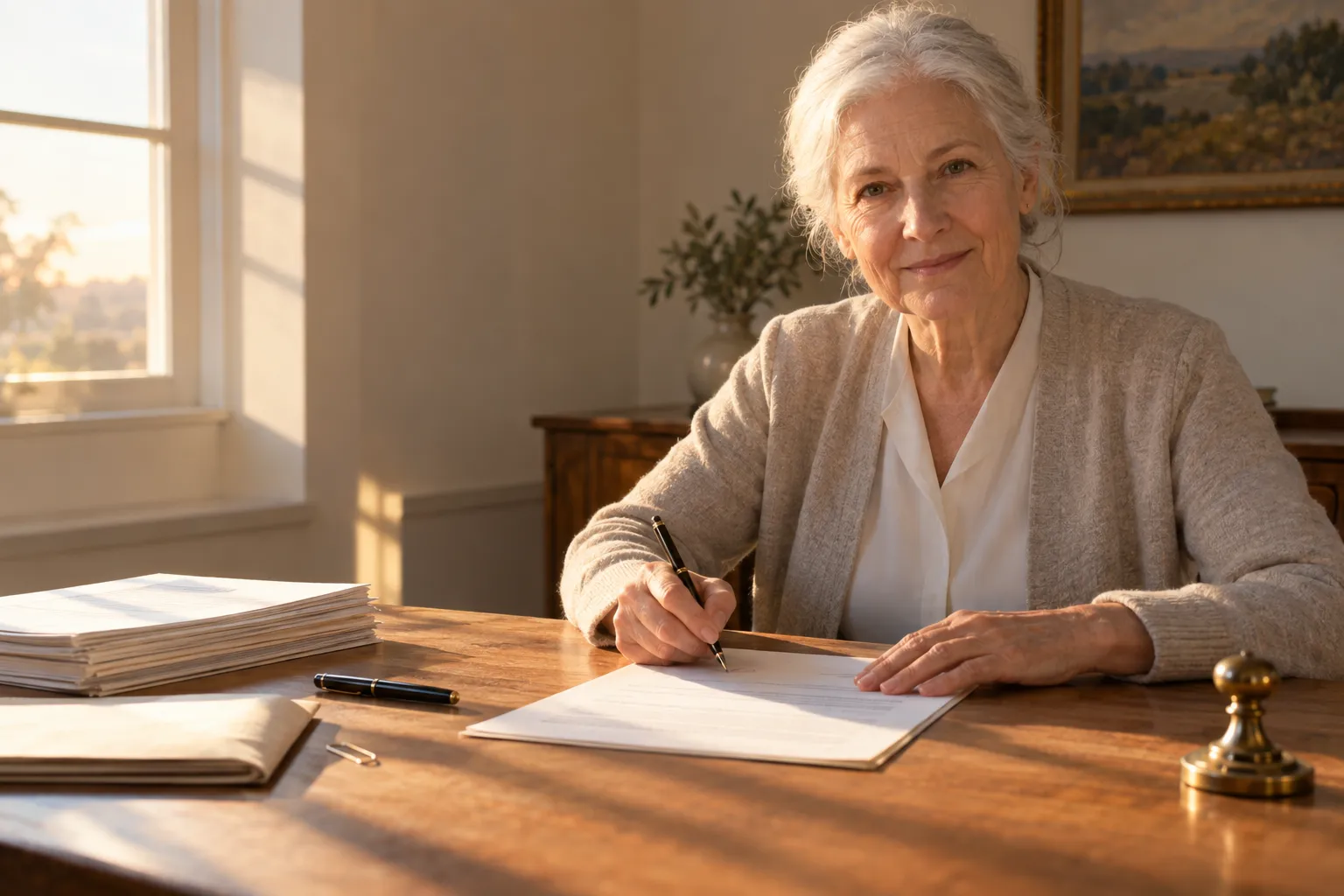 Texte d’un contrat de travail roumain: une femme âgée signe des documents sur un bureau en lumière naturelle, avec des piles de papiers et une plume. contrait: "contrat de travail roumain caractéristiques" est évoqué.