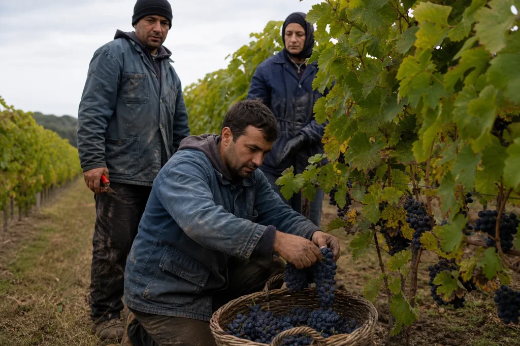 Trois ouvriers agricoles dans un vignoble, l’un récoltant des grappes dans un panier; l’uniformité du cadre suggère un travail saisonnier. ouvrier agricole roumain intégré naturellement.