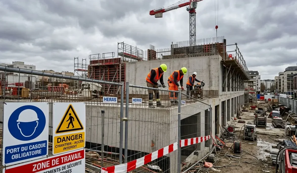 Construction en cours sur un chantier BTP avec ouvriers en EPI au sommet d’un bâtiment, signalétique de sécurité et zone de travail délimitée. sécurité chantier btp.