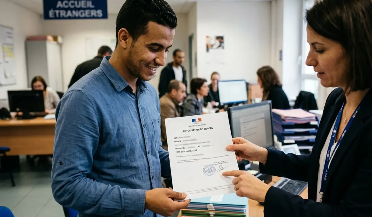 Un employé étranger reçoit un document officiel d’une agente administrative au bureau, signe et échange des formulaires d’autorisation de travail. Demande d autorisation de travail pour un salarié étranger.