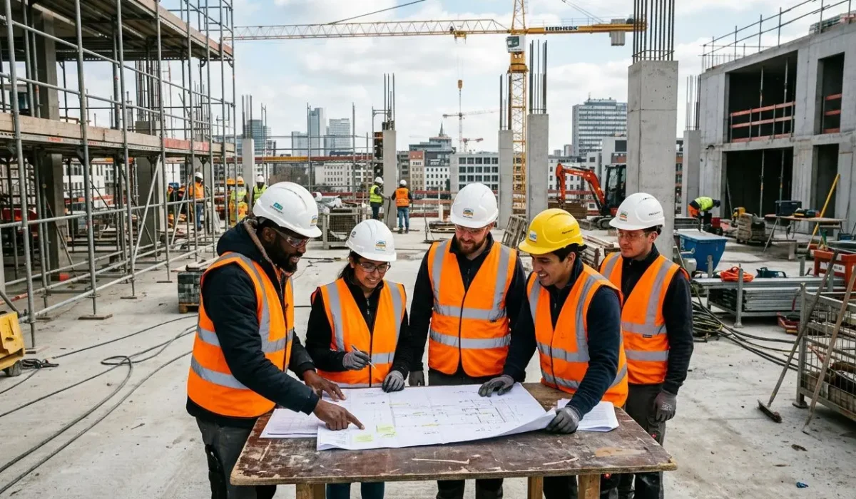 Équipe de travailleurs en chantier portant des gilets orange et casques, examinant un plan sur une table au milieu d’un vaste site de construction avec grue et bâtiments en cours. directive travailleurs détachés