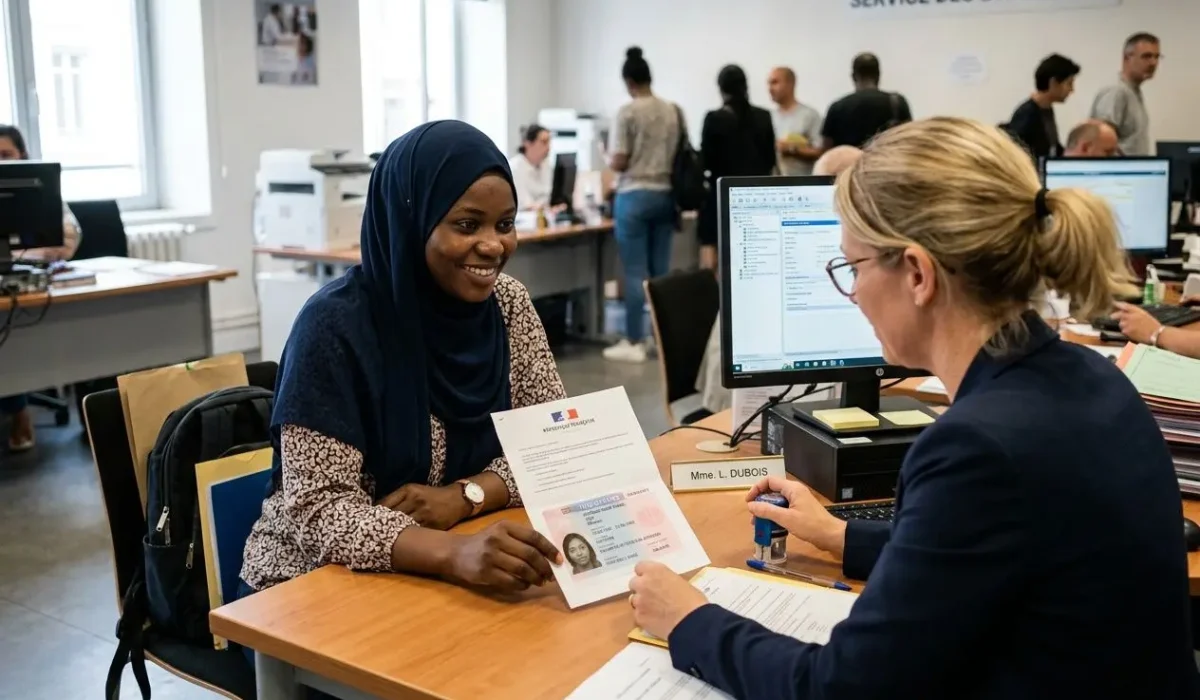 Une femme portant un hijab consulte un document avec une agente au bureau, échange administratif sur l’autorisation de travail en France.