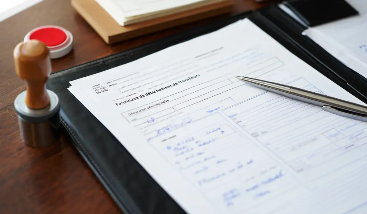 Formulaire d’attestation de détachement sur une feuille de papier, stylo posé à côté et tampons sur le bureau.