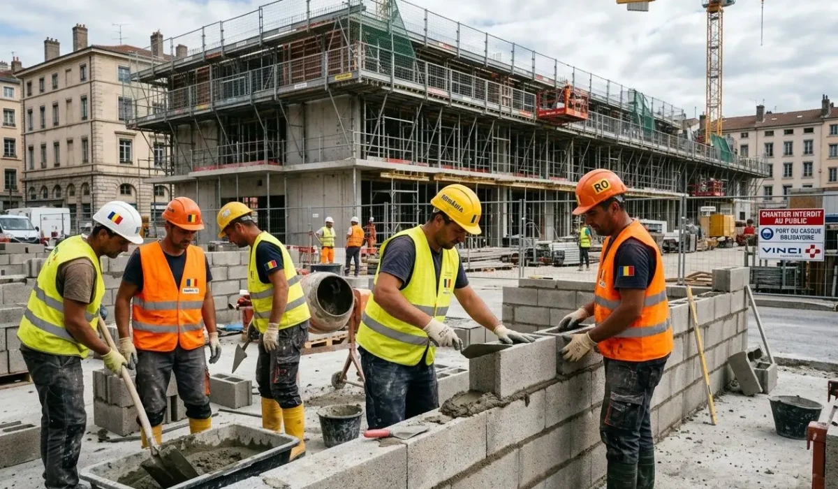 Gros plan de travailleurs sur un chantier de construction, posant des blocs de béton et mélangeant du mortier, avec un bâtiment en construction et des grues en arrière-plan. texte: coût travailleur détaché roumain intégré.