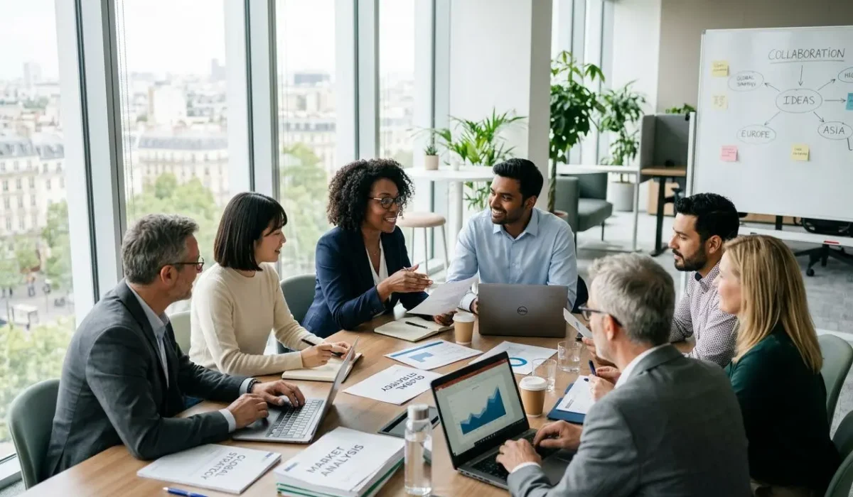 Groupe multinational autour d’une table en réunion, échanges autour de documents et ordinateurs, cadre réglementaire du recrutement international évoqué.