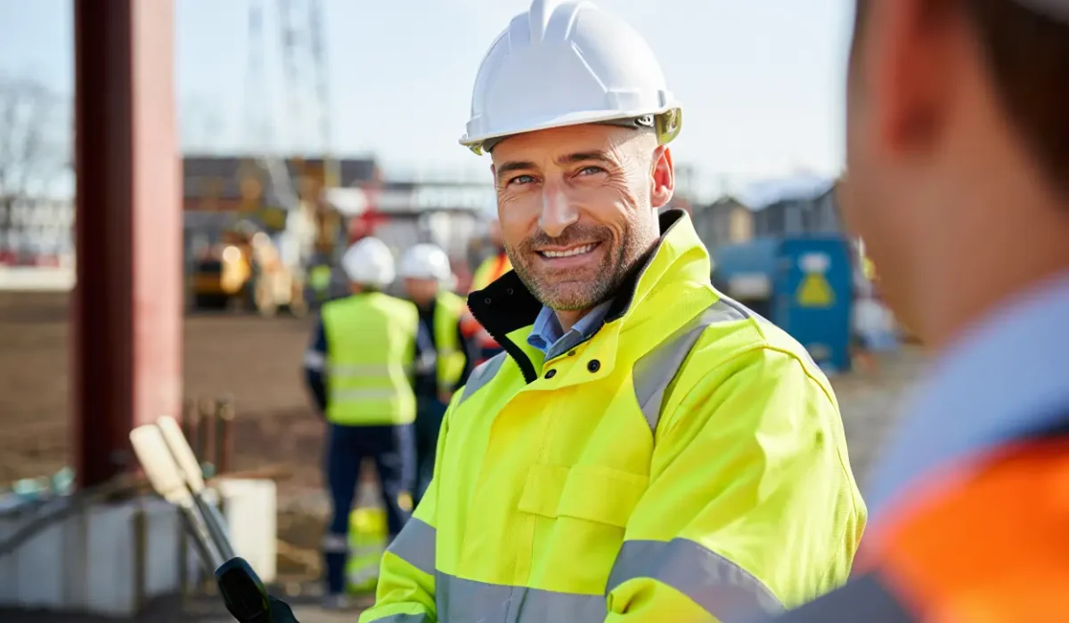 Homme portant casque blanc et veste haute visibilité jaune, sur un chantier, sourire chaleureux, avec d’autres travailleurs en arrière-plan. travailleurs détachés avantages inconvénients intégré dans la description.