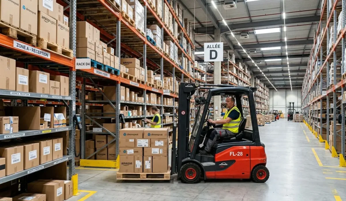 Opérateur de chariot élévateur rouge en entrepôt, stockages sur racks hauts et cartons étiquetés prêts à être expédiés. Alt en lien avec les métiers de la logistique.