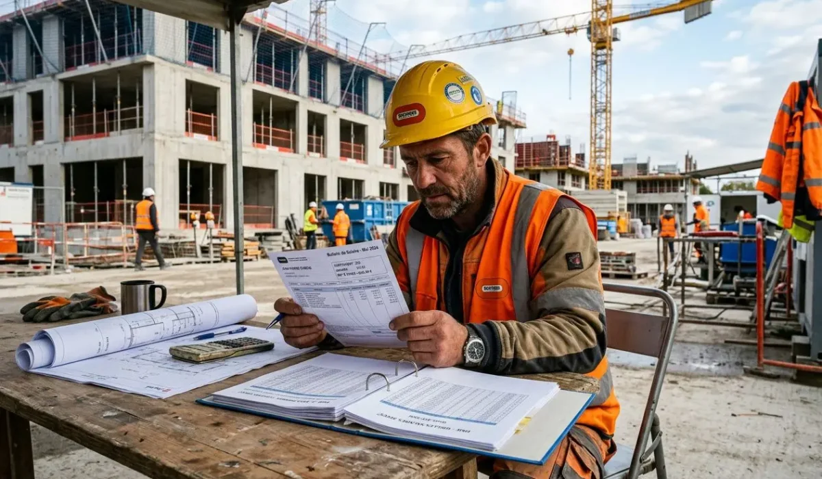 Ouvrier sur un chantier BTP enregistre des documents et plans sur une table, avec grues et bâtiments en construction en arrière-plan. grille salaire btp 2026