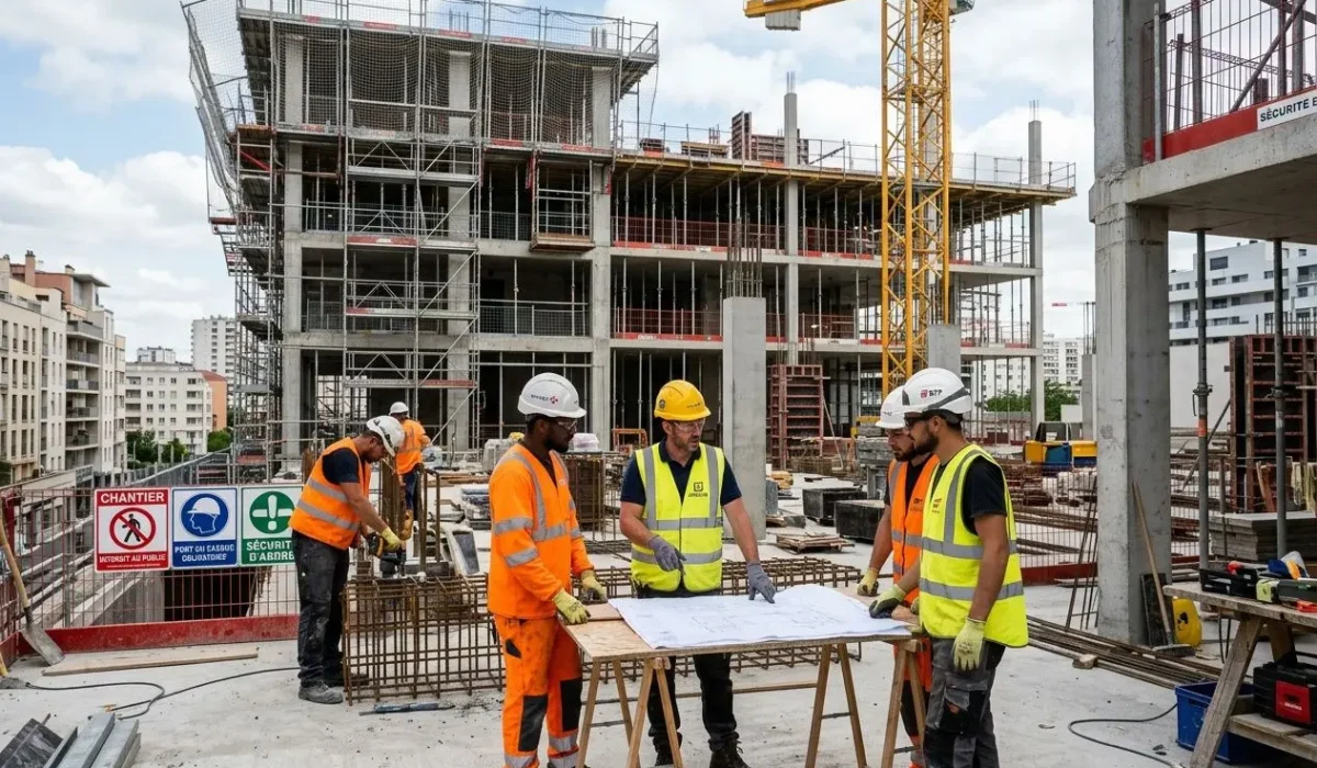 Quatre travailleurs sur un chantier de bâtiment discutant autour d’un plan, avec une structure en béton et une grue en arrière-plan, illustration de la formation btp.