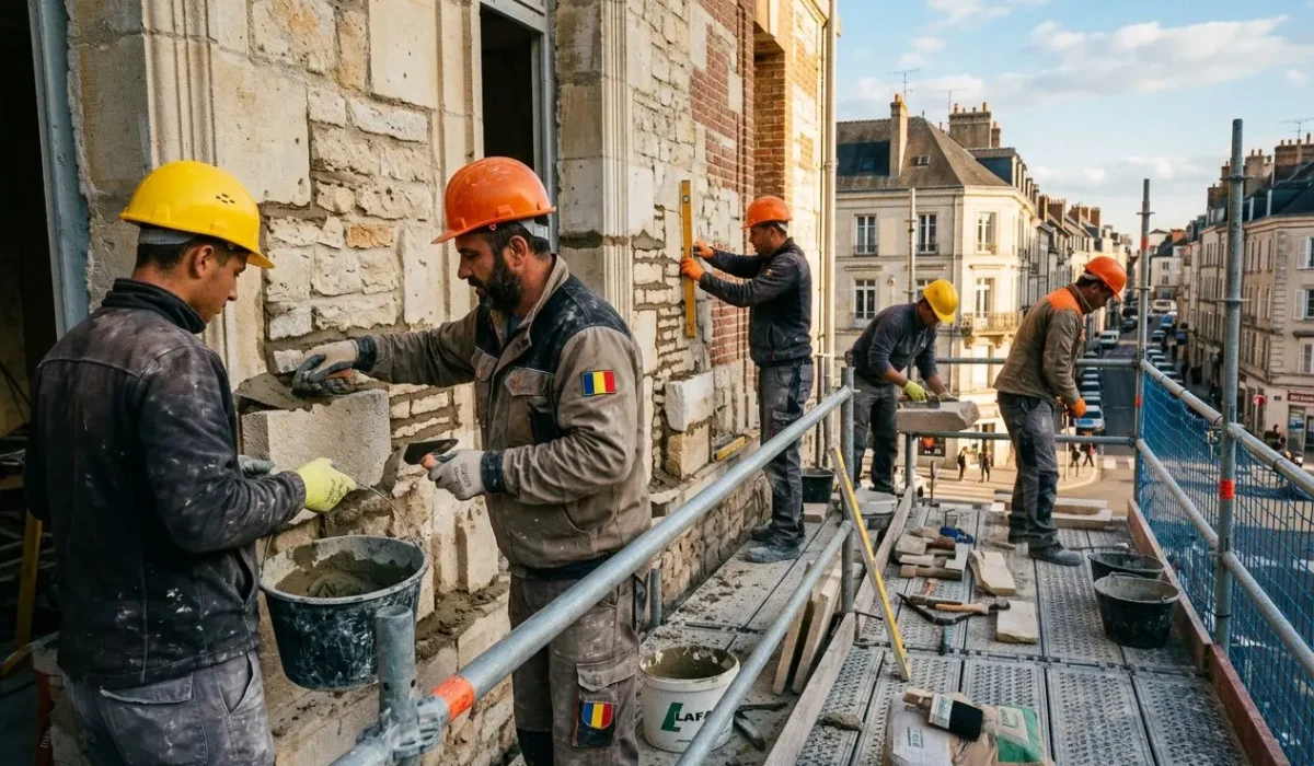 Travailleurs du bâtiment sur une échafaudage en façade, portant casques et gants, appliquant du mortier sur mur en pierre. agence interim roumanie en france.